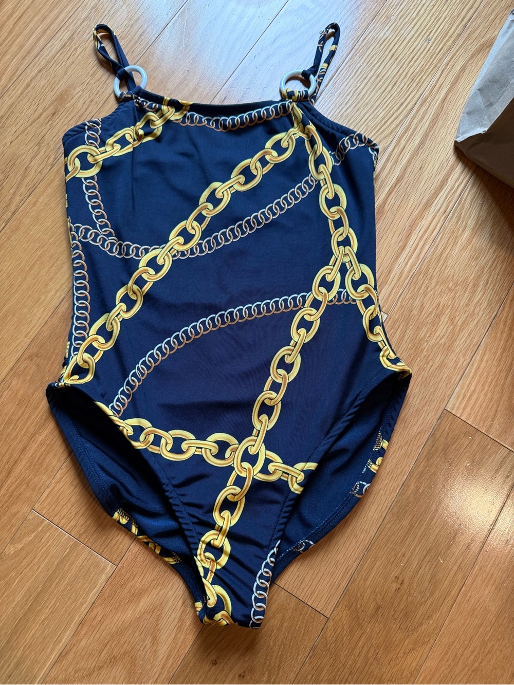 Designer Girls' Navy One-Piece Swimsuit with Gold Chain Print